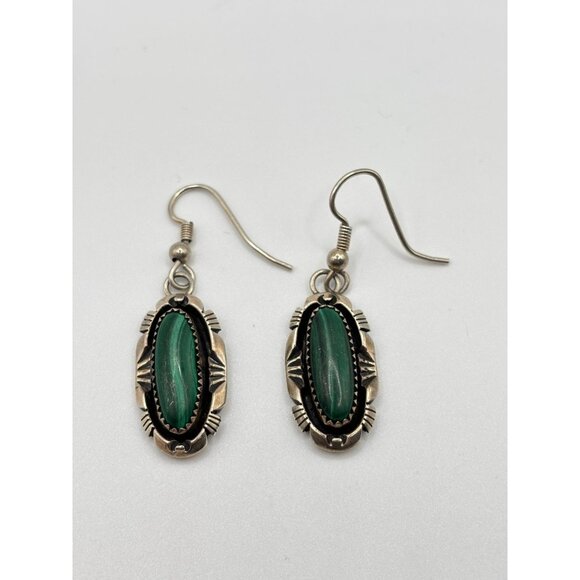 925 Vintage Sterling Silver Native American Navajo Oval Malachite Drop Earrings - Picture 4 of 7
